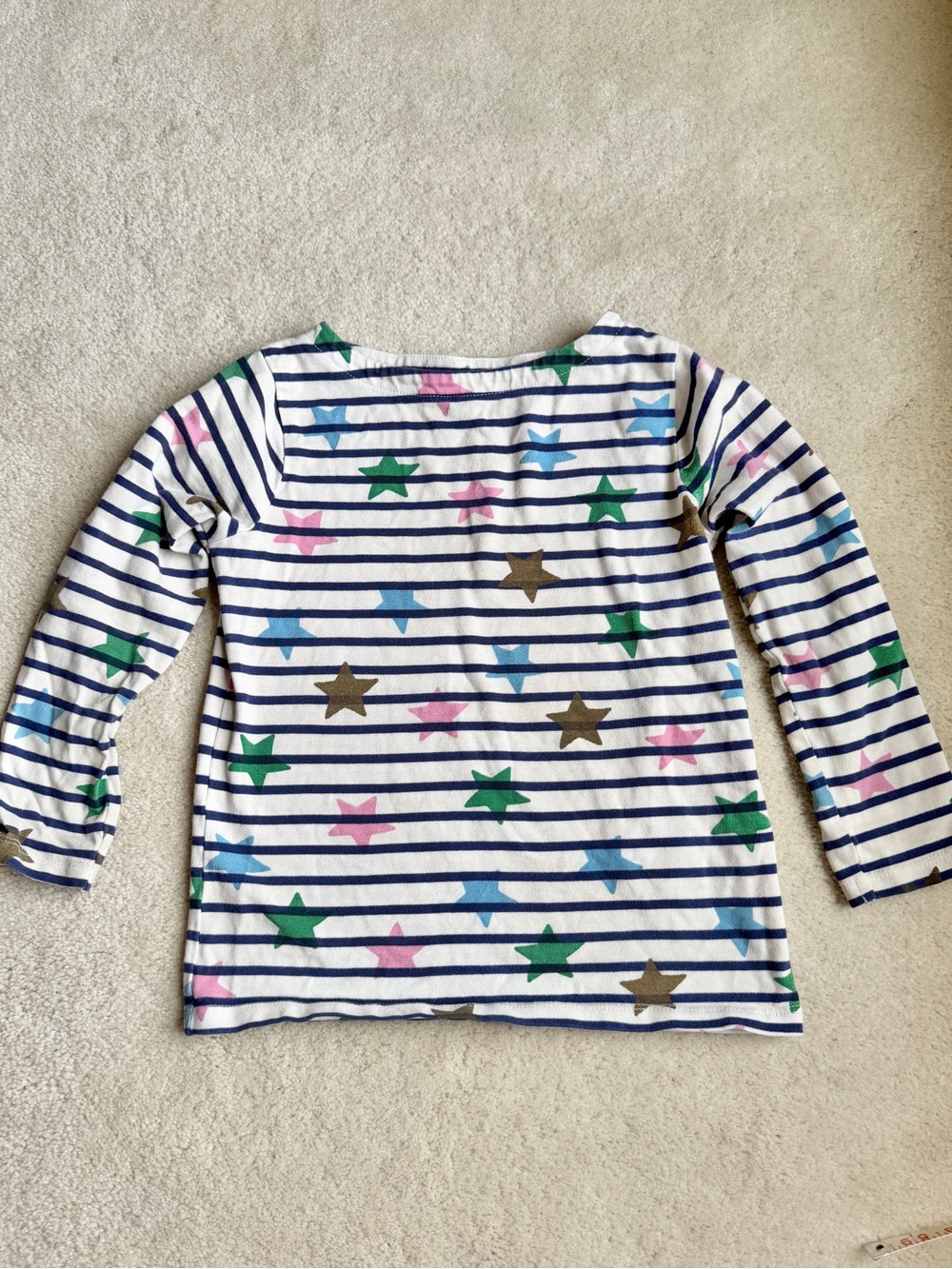 Mini Boden White Navy Stripes Rainbow Stars Long Sleeve Shirt Size 5-6